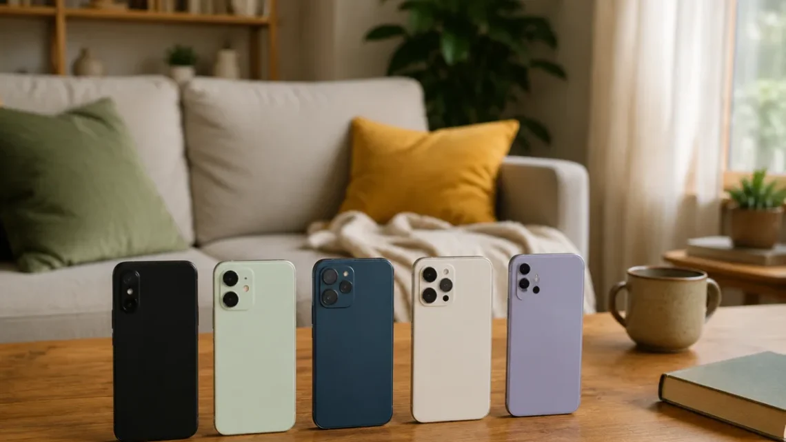 Vue d'ensemble de cinq smartphones posés sur une table, écrans allumés affichant des photos d'enfants en extérieur