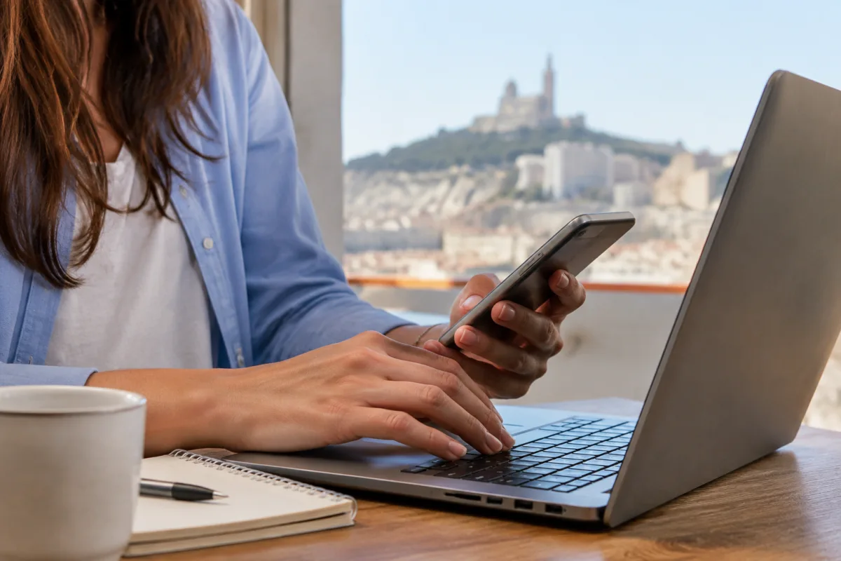 Mains d'un parent feuilletant un comparatif de contrats de mutuelle santé posé sur une table