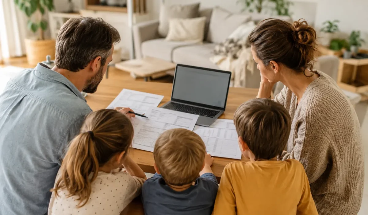 Parents souriants avec trois enfants autour d'une table, consultant des documents d'assurance santé