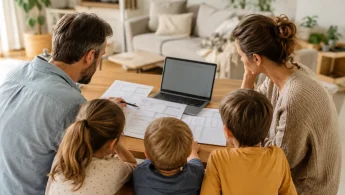 Parents souriants avec trois enfants autour d'une table, consultant des documents d'assurance santé