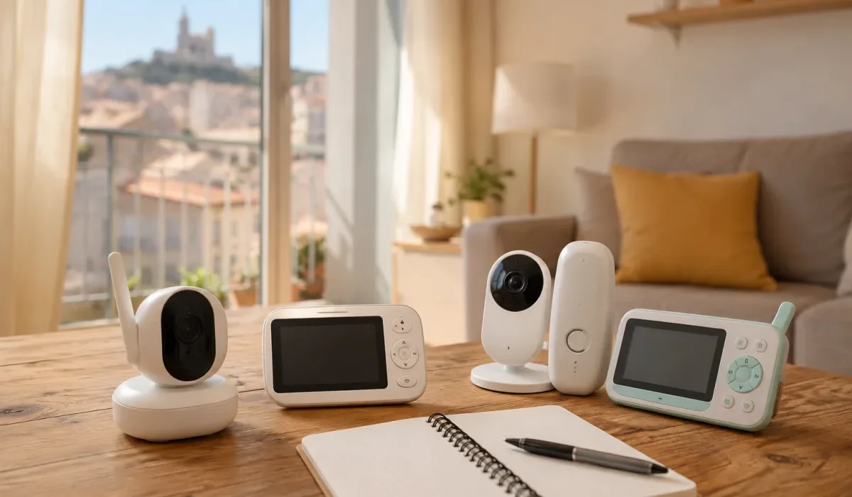 Parent installant un babyphone vidéo sur une étagère dans une chambre de bébé décorée en tons pastel