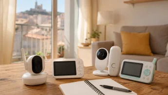 Parent installant un babyphone vidéo sur une étagère dans une chambre de bébé décorée en tons pastel