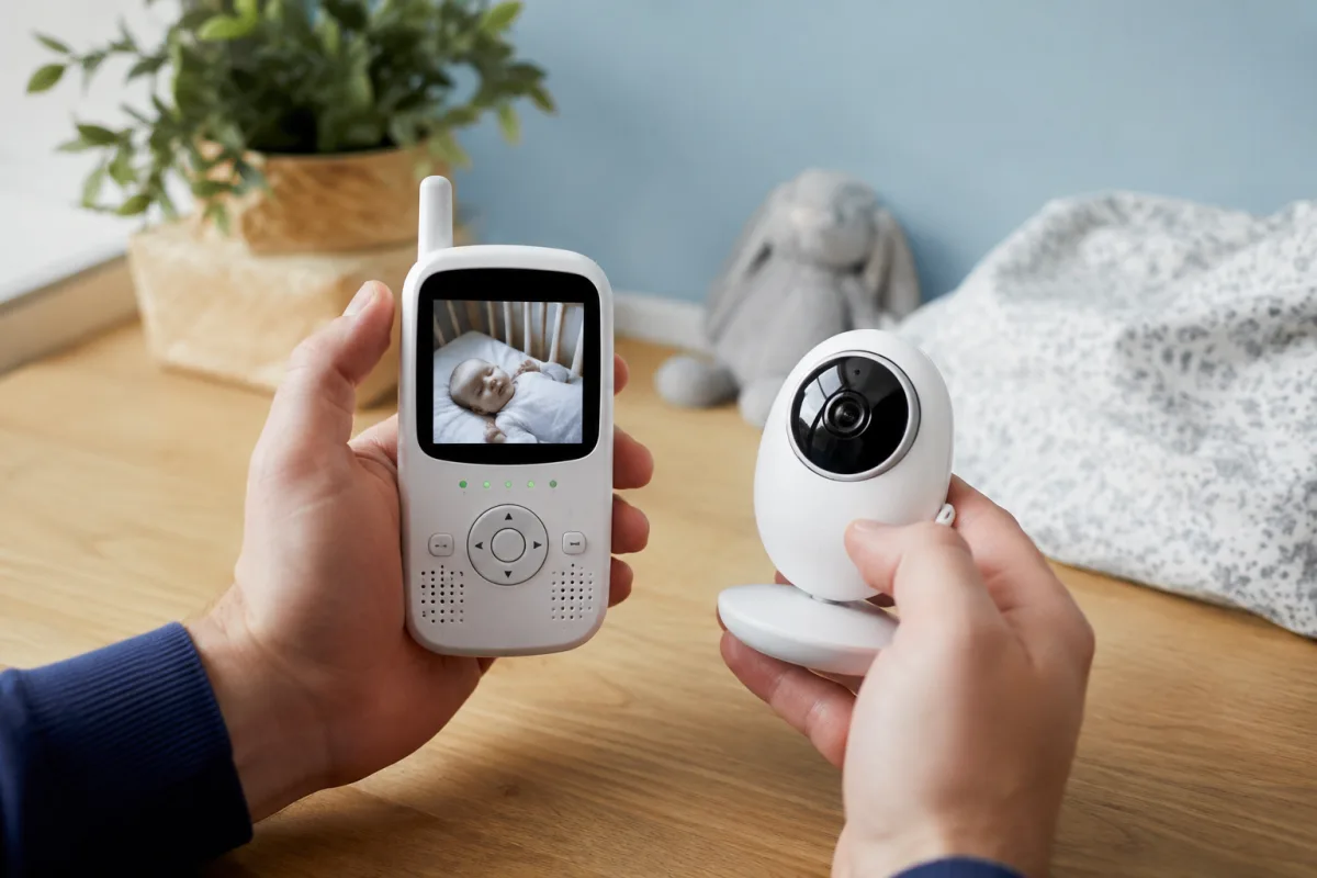 Quel babyphone choisir : mon guide honnête de papa marseillais Écran de babyphone affichant en gros plan l'image nocturne d'un bébé endormi dans son lit